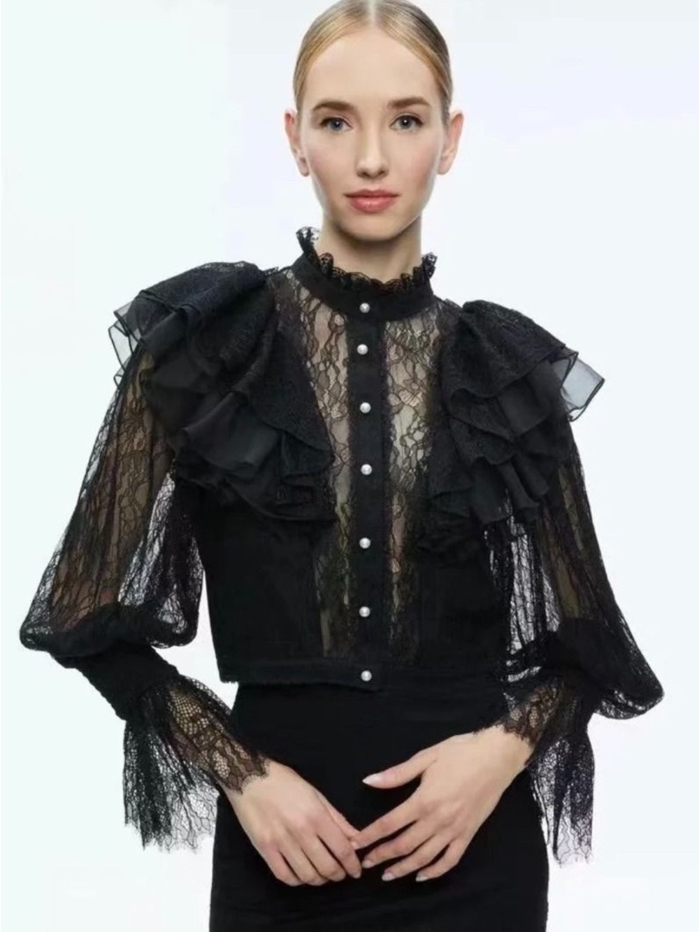 Alice + Olivia Black Sheer Lace Ruffle Pearl-Button Blouse